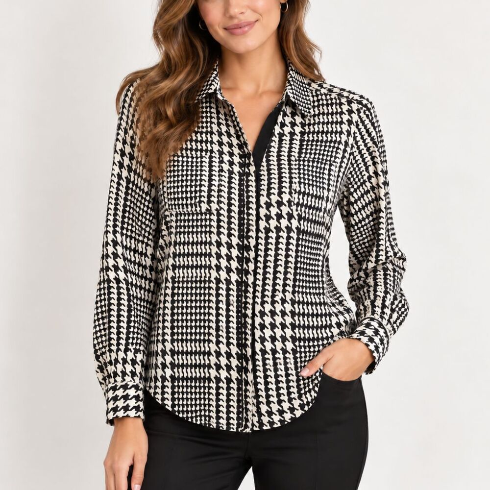 Foxcroft Women's Black White Houndstooth Geometric Print Rayon Shirt Size 8